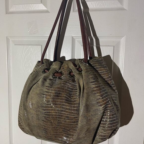 Chez by Cheryl Snake skin embossed Drawstring Hobo bag leather brown straps - Picture 1 of 14
